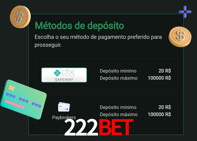 O cassino 222Bet oferece uma grande variedade de métodos de pagamento